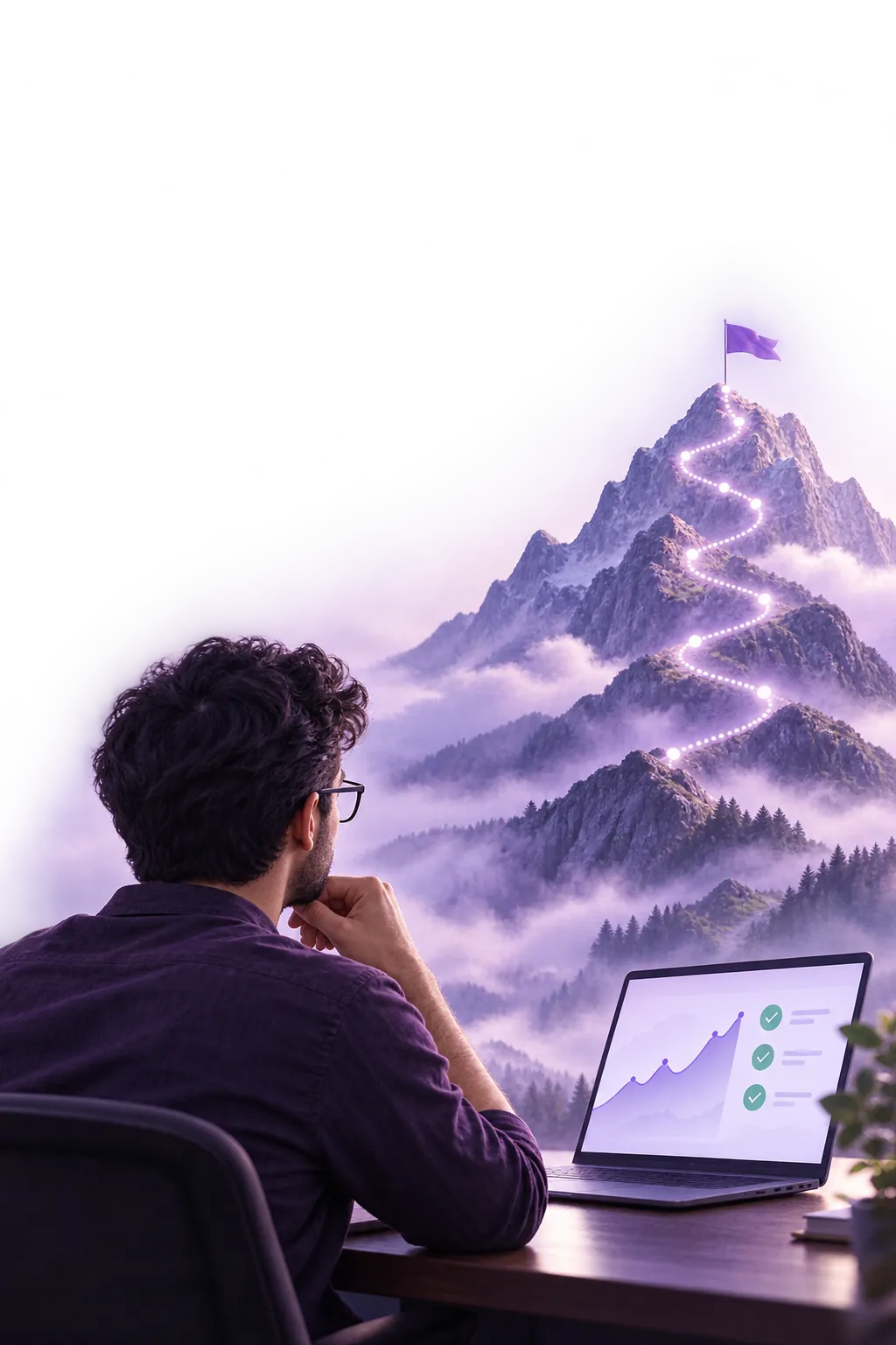 A strategist reviewing SEO progress beside a mountain roadmap leading toward a violet flag.