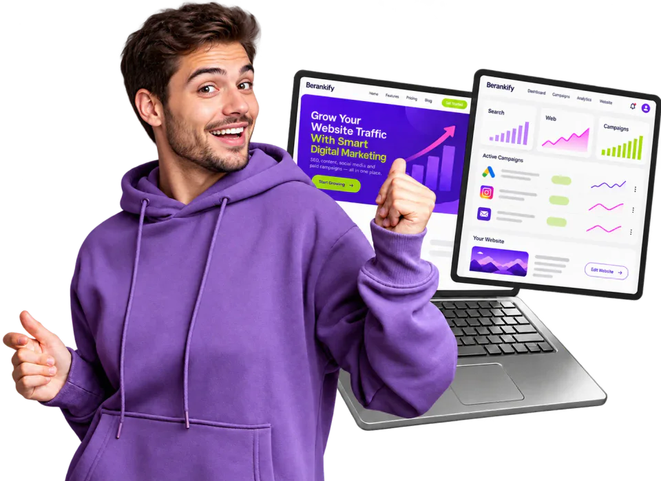 Illustration of a man presenting a conceptual Berankify marketing website and dashboard
