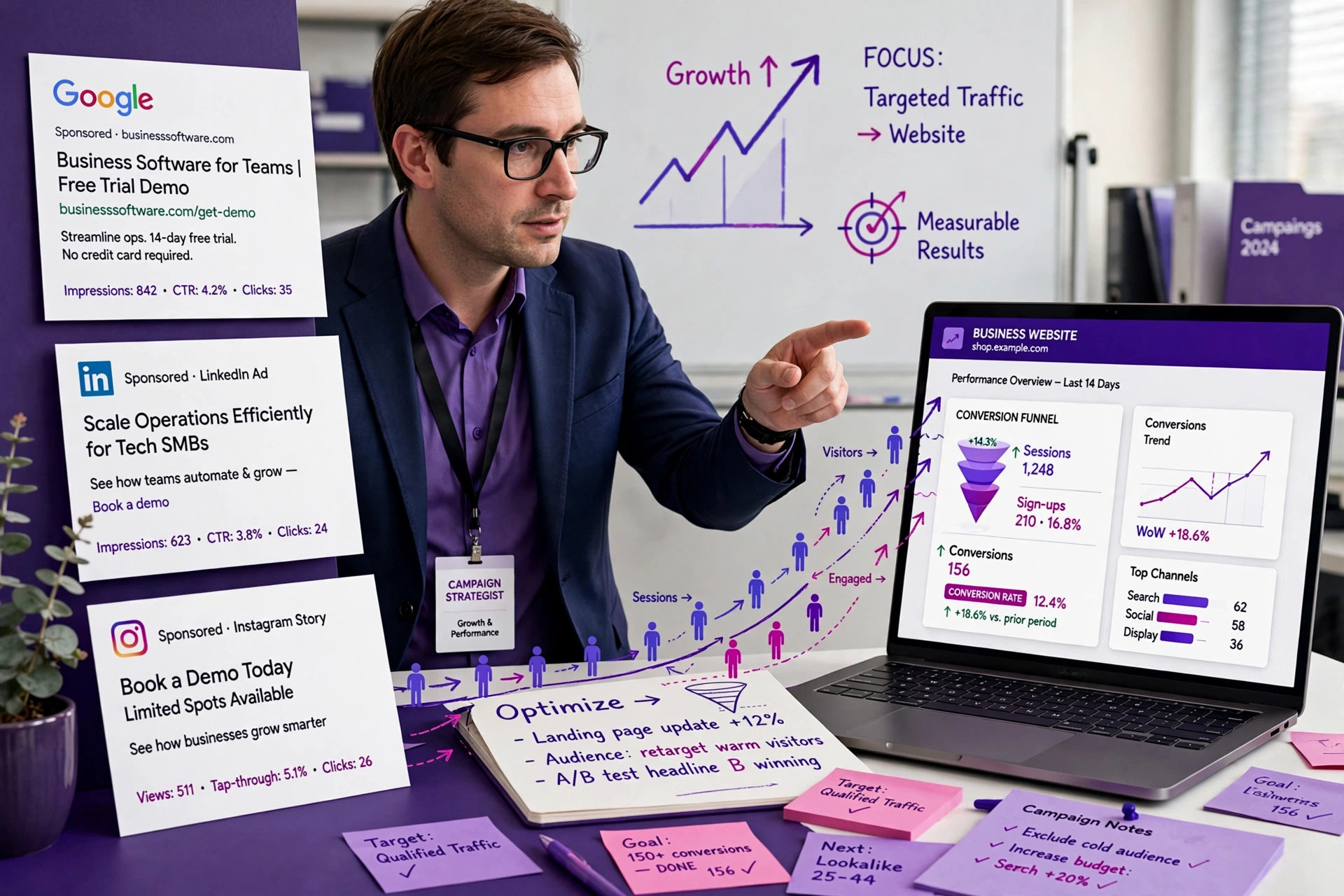 Male advertising strategist reviewing campaign performance and conversion visuals