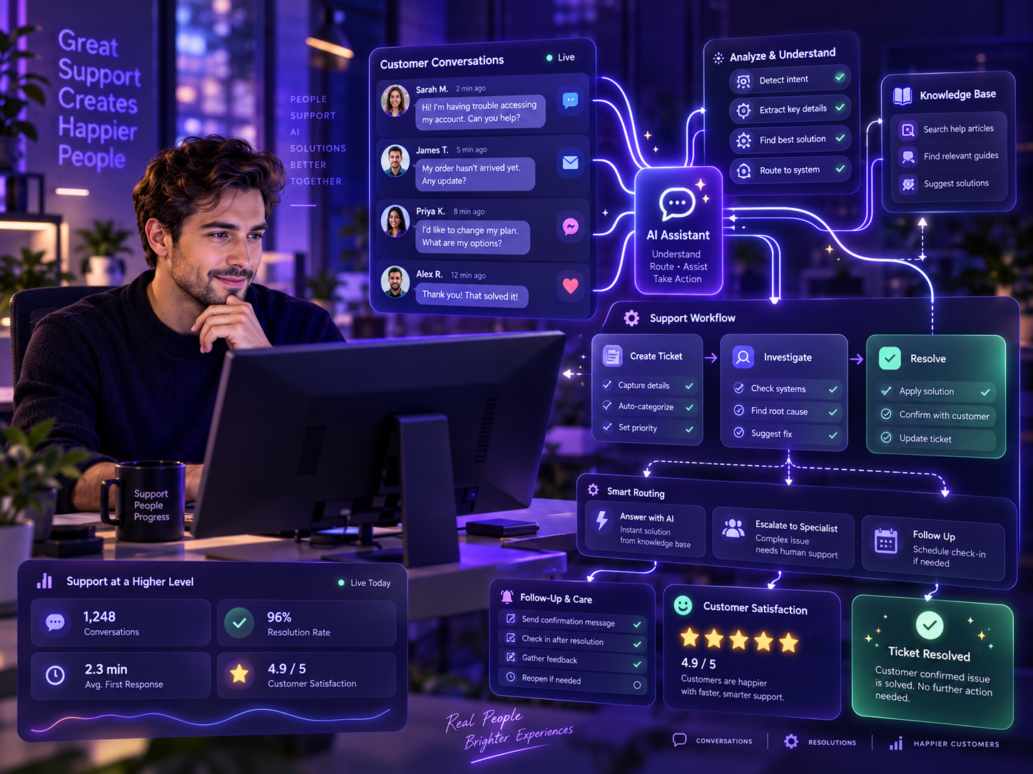 Customer-support specialist monitoring AI-assisted conversations and human handoffs