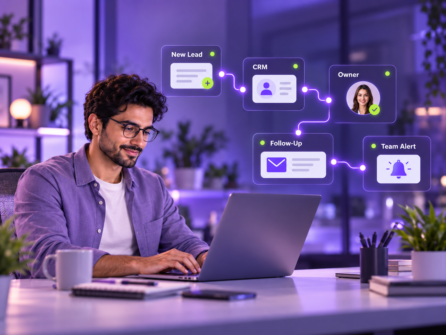 Automation specialist connecting a new lead to a CRM, owner, follow-up message, and team alert