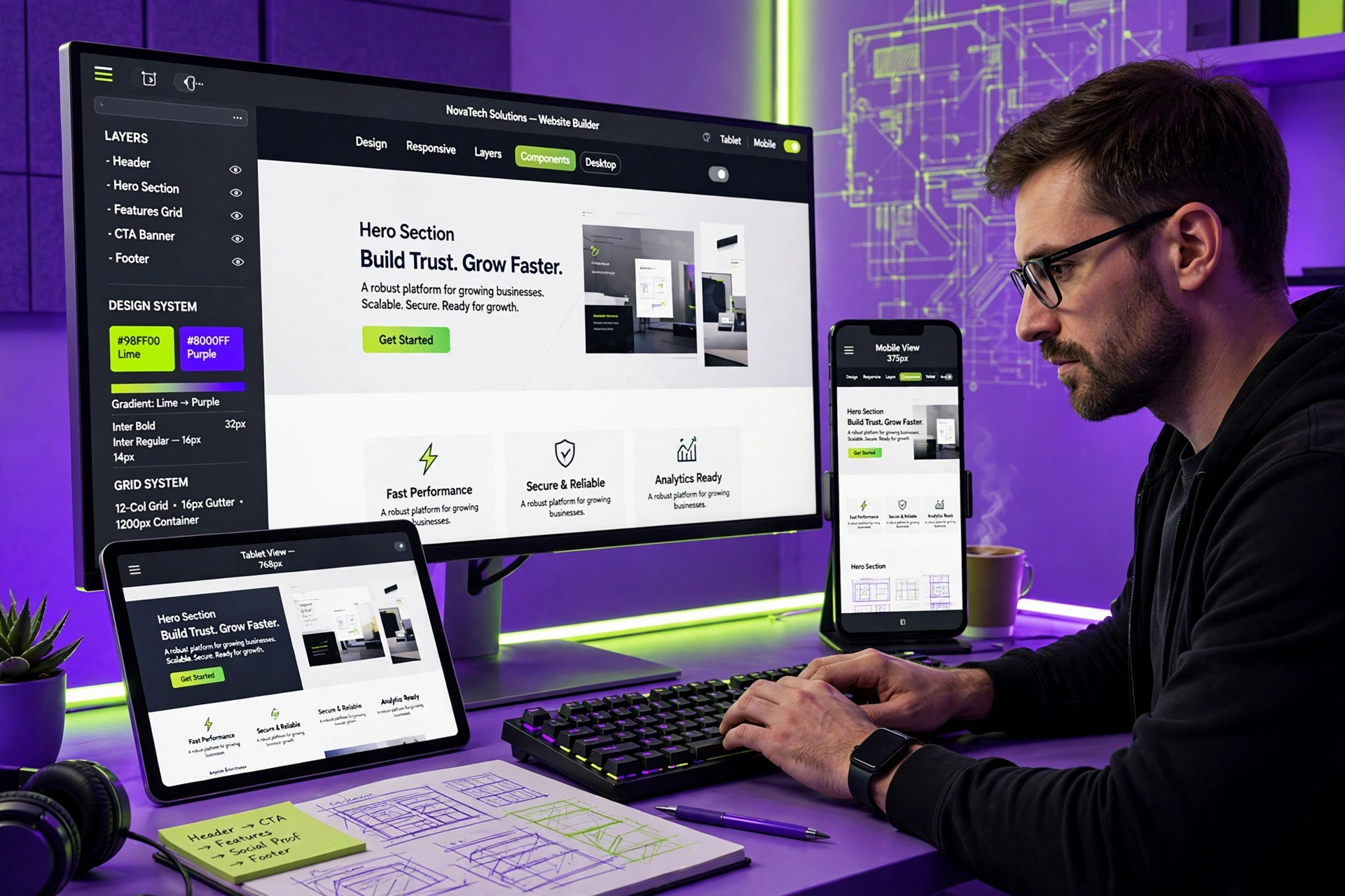 Male designer creating a responsive business website across desktop and mobile screens