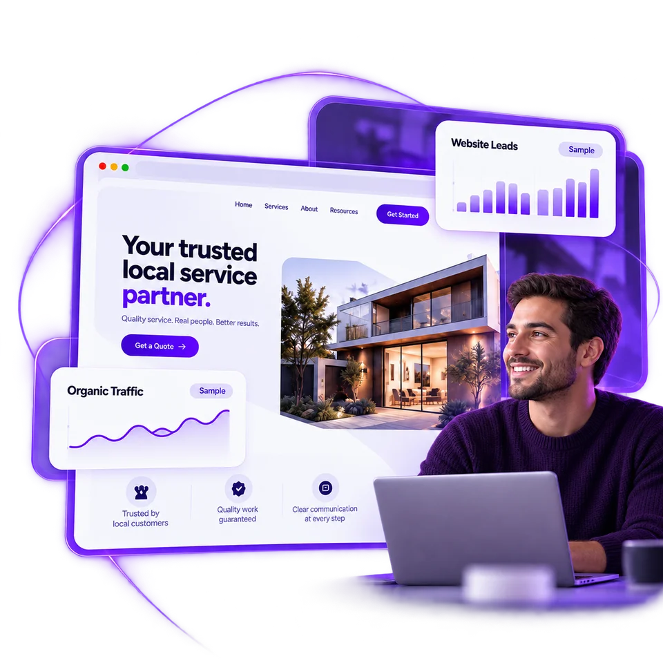 Concept website with a modern home, sample lead and traffic charts, and a smiling male professional at his laptop.